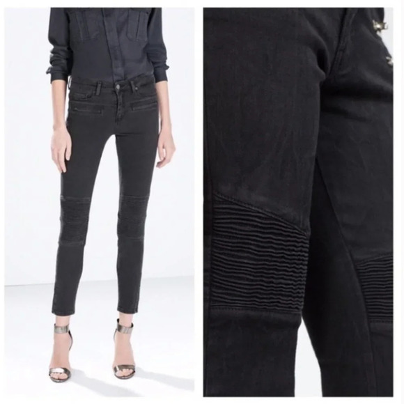 Zara Black Rock Denim Biker Moto Skinny Jeans - Picture 1 of 16